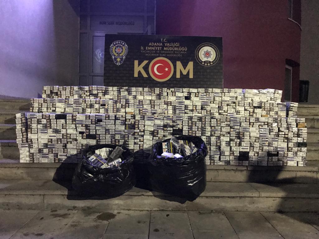 Adana’da 10 bin paket gümrük kaçağı sigara ele geçirilen cipteki 2 zanlı tutuklandı