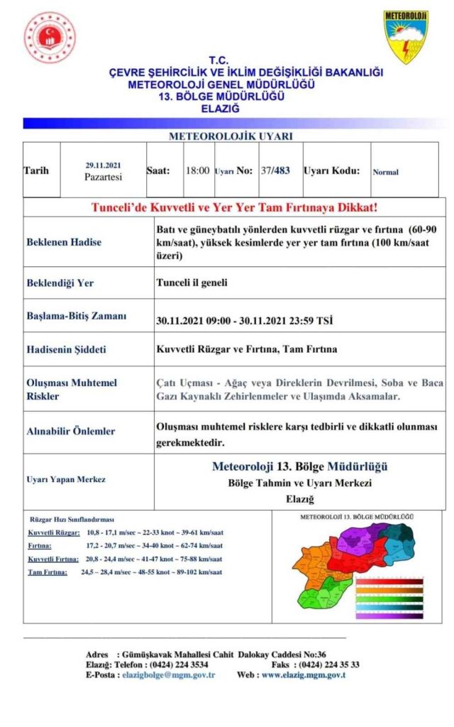 TUNCELİ’de fırtına uyarısı