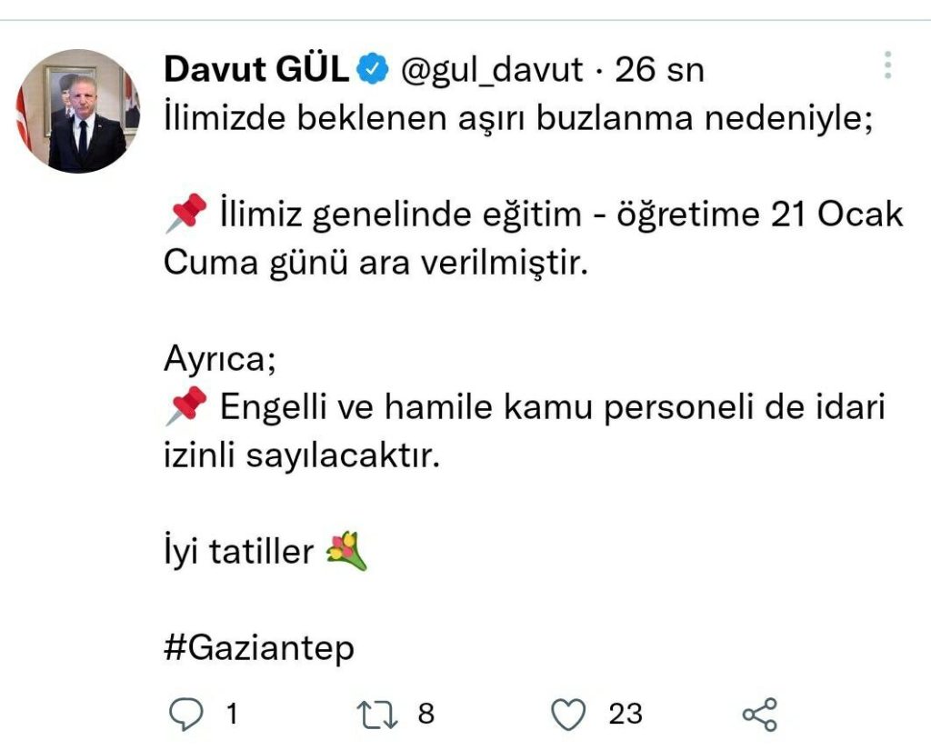 Gaziantep’te okullar 1 gün tatil edildi
