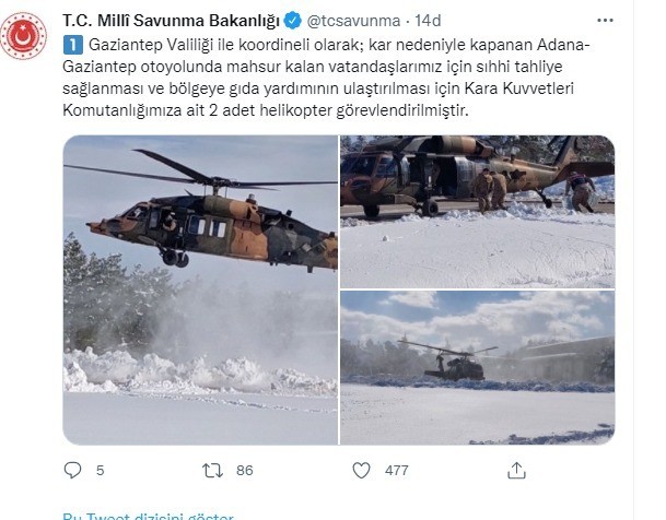 Otoyolda mahsur kalanlar için 2 helikopter tahsis edildi