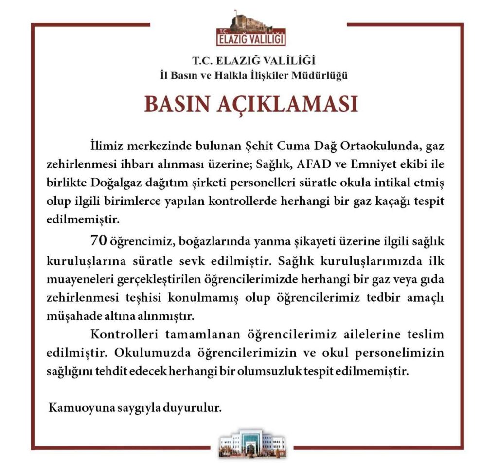 Valilikten açıklama: “Öğrencilerimize herhangi bir gaz veya gıda zehirlenme teşhisi konulmamıştır”