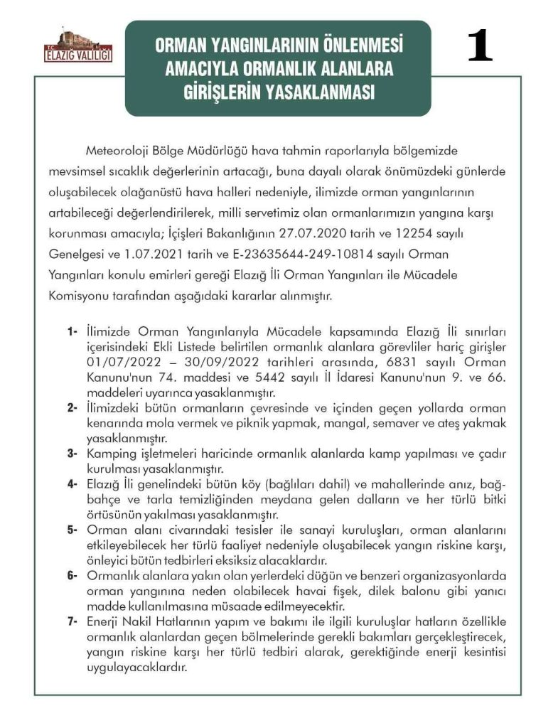 Elazığ’da ormanlık alanlara girişler yasaklandı