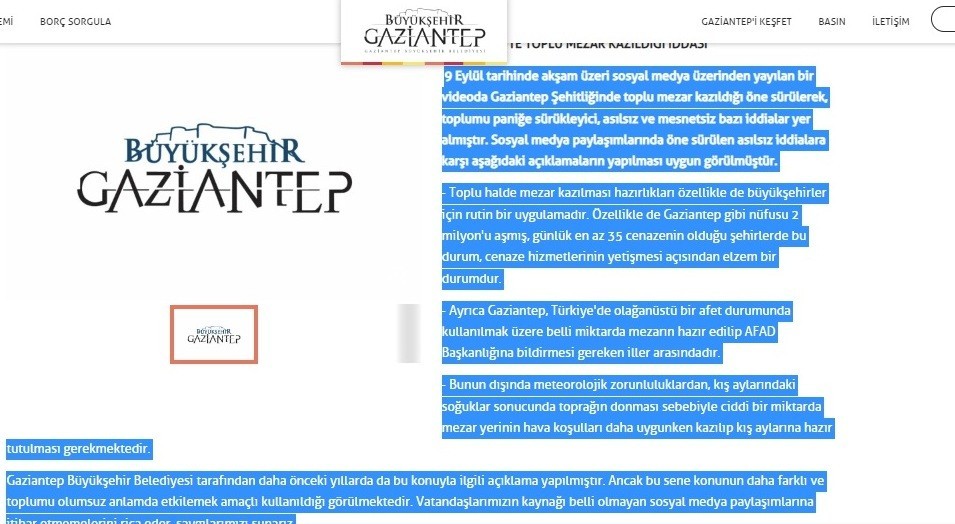 Gaziantep’te toplu mezar kazılıyor iddiasına yalanlama