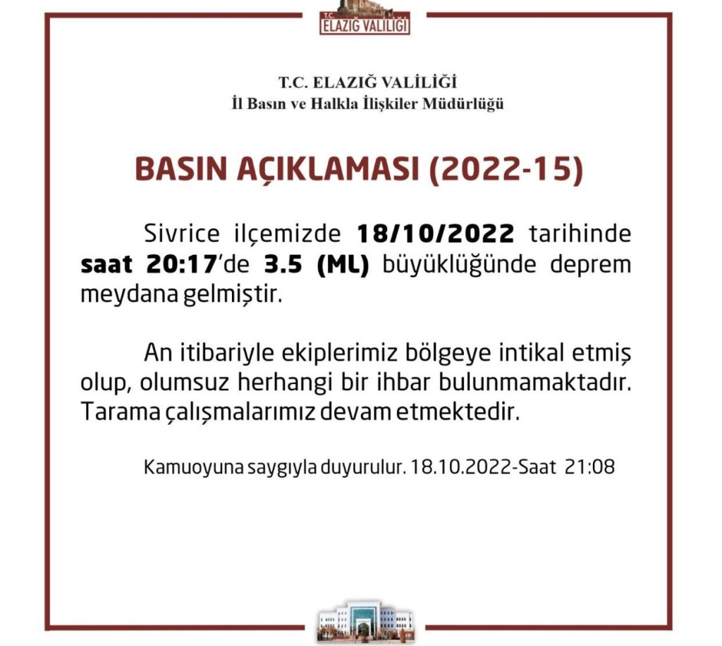 Elazığ’da 3.5 büyüklüğünde deprem