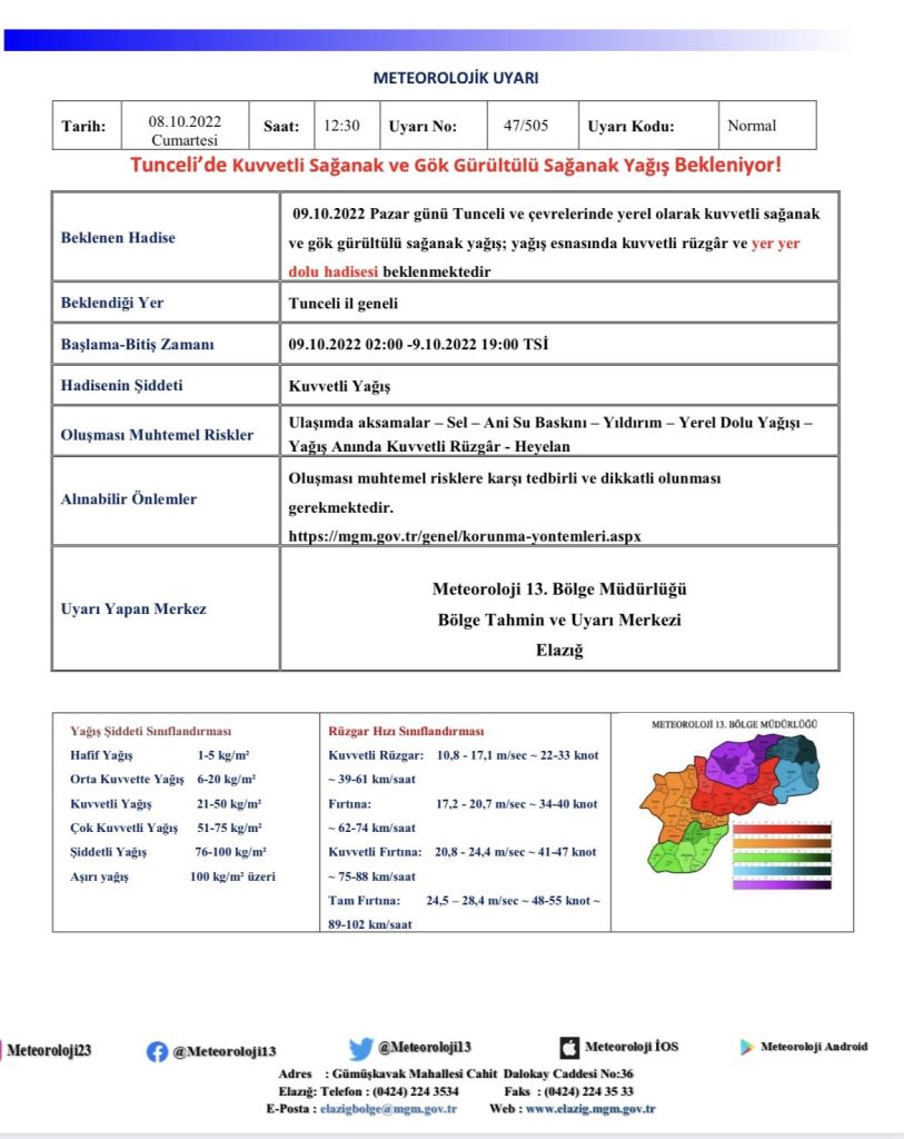 Tunceli’de sağanak yağış uyarısı