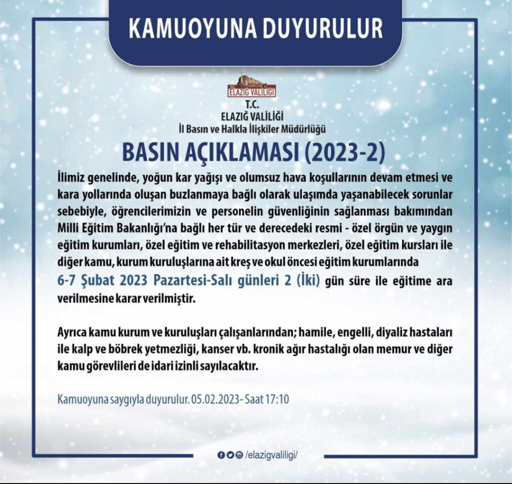 Elazığ’da eğitime 2 Gün kar engeli